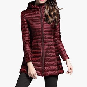 Long packable down puffer jacket